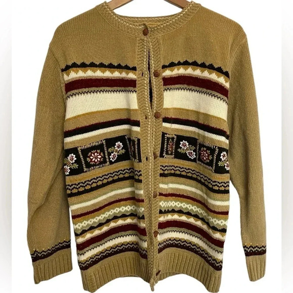 Vintage 70s Fair Isle Button-Up Cardigan – Boho Cottagecore Acrylic Sweater - Picture 1 of 7